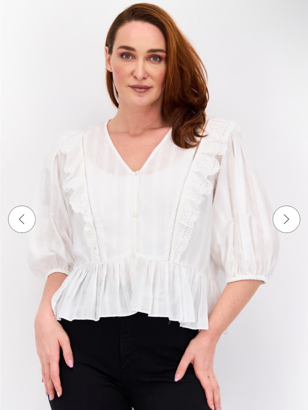 Scotch & Soda Women’s V Neck Puffed Sleeve Textured Top, White, Size Medium
